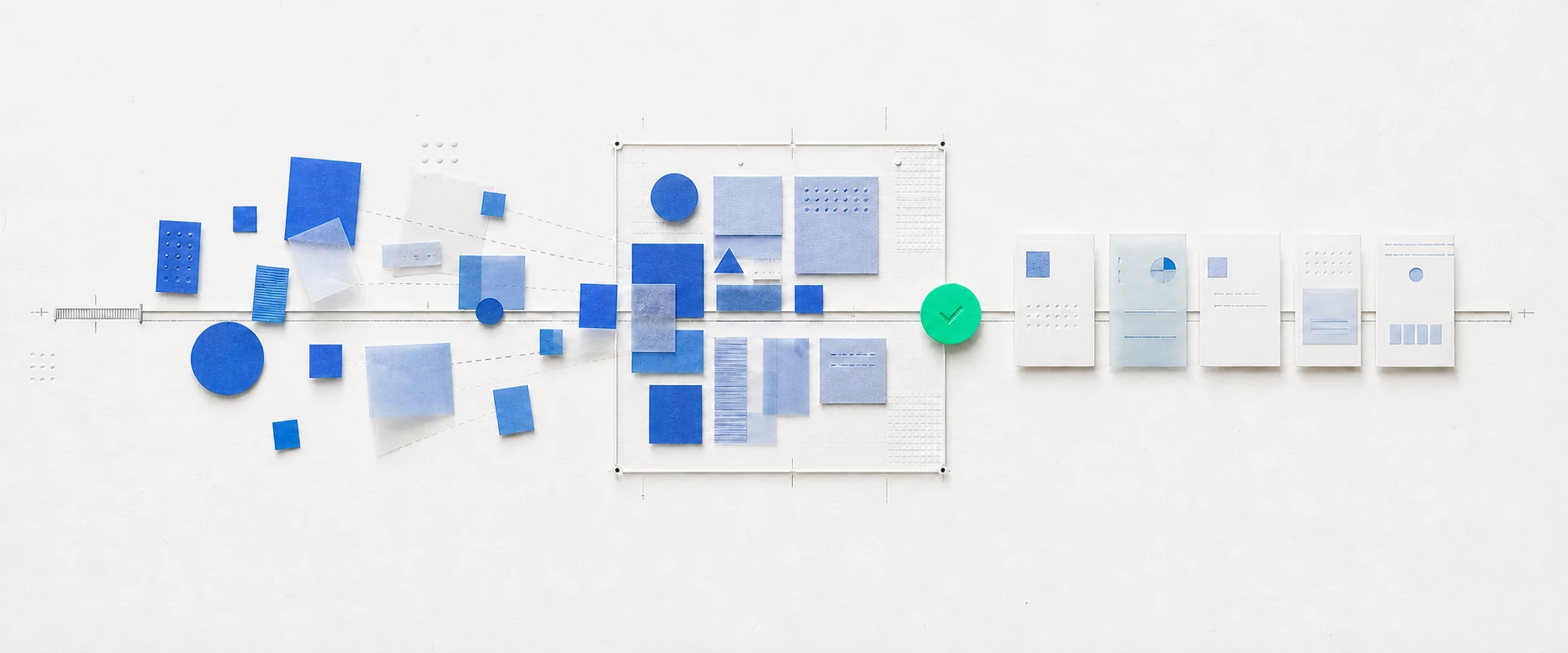 Blue interface fragments pass through a stable boundary and reach a teal approval point before becoming reviewable evidence cards.